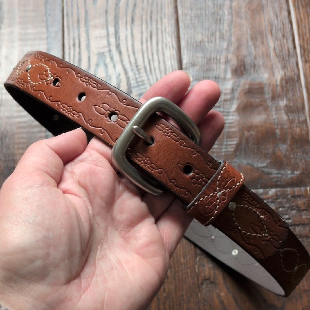 DOCKERS I Brown Embossed Flower Tooled Stitched & Silver Studded Western Belt, M
